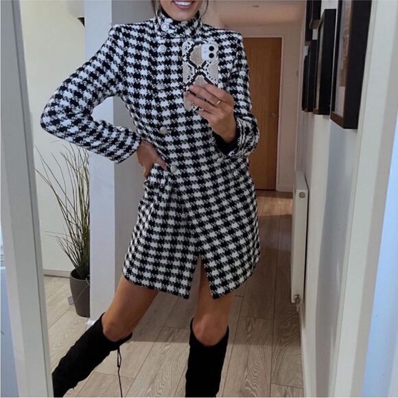 BLOGGERS Fav Zara houndstooth jacket coat black white silver buttons - Picture 11 of 17